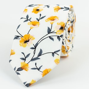 Yellow, grey floral tie, Rustic wedding yellow tie, Groomsmen wedding tie, Yellow wedding standard width tie