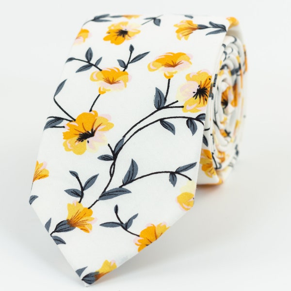 Yellow, grey floral tie, Rustic wedding yellow tie, Groomsmen wedding tie, Yellow wedding standard width tie