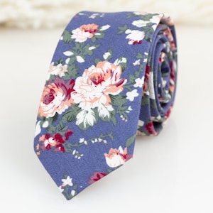 Groom Tie, Floral tie, Cream, Blue floral tie, Wedding tie, Men&#39;s skinny tie, Groomsmen tie, Floral slim tie, Dark Dusty blue tie FINAL SALE
