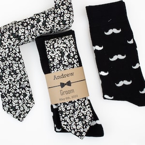 Black, white and sage floral tie, Black & white mustache socks, Black floral tie, Groomsmen black tie, Classic black floral tie, formal tie