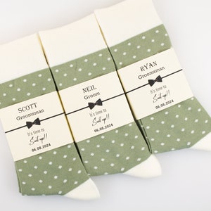 Groomsmen socks, Sage green and Ivory polka dot socks, Custom socks Labels, Personalized Groomsmen socks, Light green socks, Groomsmen gift