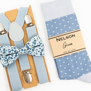 Dusty Blue floral tie, Dusty blue suspenders, Dusty blue polka dot socks, Azazie dusty blue floral tie, Groomsmen wedding tie, Kids bow tie
