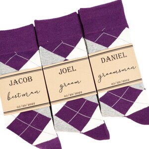 Plum, grey and ivory argyle socks, Deep purple wedding socks, Egg plant color men socks, Dark purple wedding socks, Groomsmen purple socks