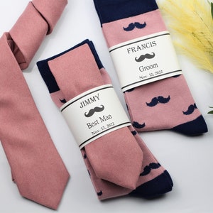 Solid dusty rose velvet tie, Dusty rose socks with navy mustache, Dark pink solid necktie, Groomsmen socks gift set, Groom wedding pink tie