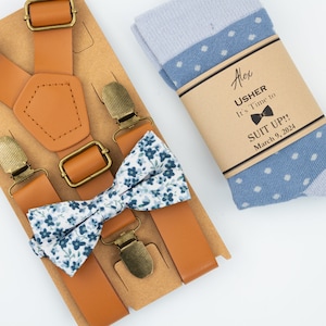 Brown/ tan suspenders, dusty blue floral tie, dusty blue polka dot socks, kids dusty blue outfit, dusty blue wedding outfit, kids floral tie