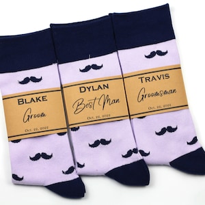 Lavender, lilack and navy mustache groomsmen socks, Custom socks labels, Lavender men dress socks, Lilac wedding socks, Light Purple socks