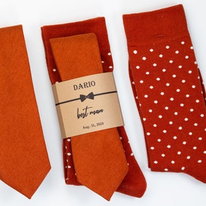 Burnt orange socks and velvet tie, rustic wedding socks and tie, Copper fall color socks and tie, Groomsmen socks, Copper velvet tie