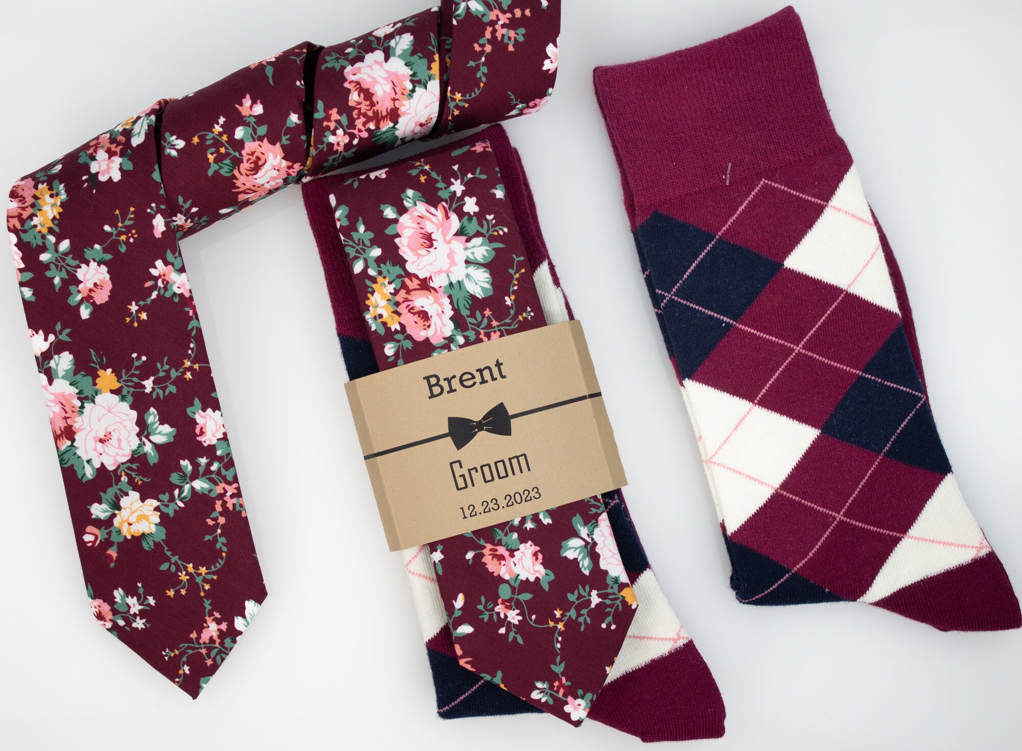 Burgundy, blush and sage floral tie, Groomsmen Burgundy argyle socks, Groomsmen Maroon floral necktie, Wine floral tie matching pocket sq.