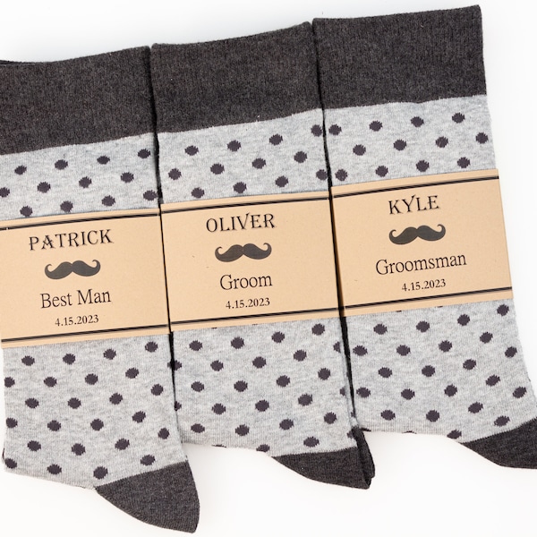 Groomsmen socks grey polka dot, Custom socks Labels, Personalized Groomsmen socks, Men dress socks, grey color wedding socks