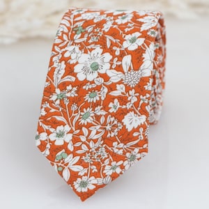 Rust wedding tie, Burnt orange and sage floral tie, Orange and sage floral tie, light orange tie, floral skinny tie