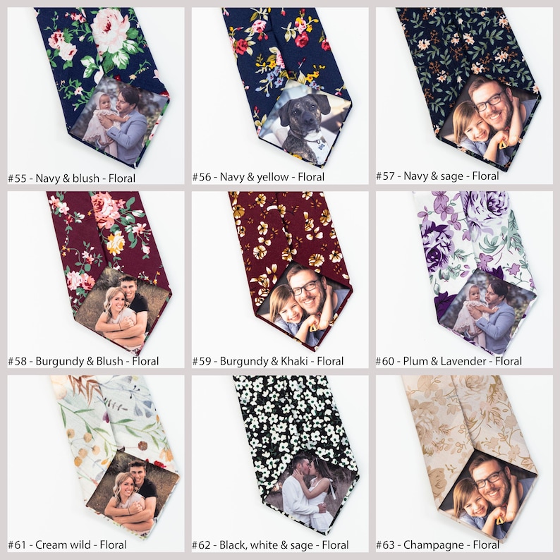 Puede incluir: Nueve corbatas florales con inserciones de fotos personalizadas. Las corbatas presentan varios estampados florales en colores azul marino, burdeos, negro y crema. Cada corbata tiene una inserci&oacute;n de foto diferente, incluyendo personas y un perro. El texto en la imagen dice: #55 - Navy & blush - Floral, #56 - Navy & yellow - Floral, #57 - Navy & sage - Floral, #58 - Burgundy & Blush - Floral, #59 - Burgundy & Khaki - Floral, #60 - Plum & Lavender - Floral, #61 - Cream wild - Floral, #62 - Black, white & sage - Floral, #63 - Champagne - Floral.