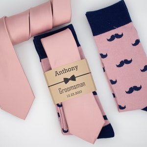 Dusty rose Satin Silk tie, personalized socks, Dusty rose and navy socks, Azazie dusty rose tie with matching self bow tie and pocket square