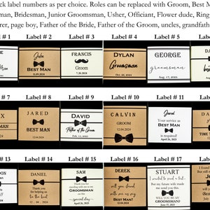 Pick a label number from picture. Get a pair of socks with custom labels for groom, best man, groomsmen, bridesman, junior groomsman, usher, father of the groom, father of the bride, ring security, ring bearer, page boy, officiant, grandparents.