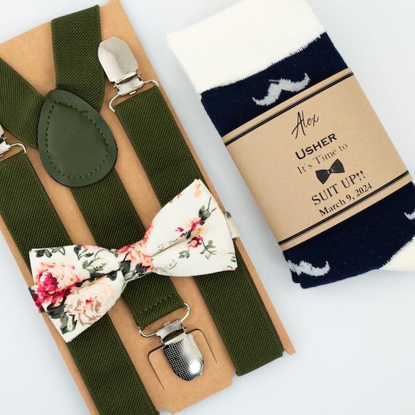 Olive green suspenders, cream and sage green floral bow tie, kids navy mustache socks, Army green suspenders and bow tie, ring bearer outfit
