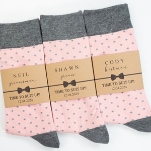 Groomsmen socks, Blush pink and grey polka dot socks, Pink men dress socks, Personalized socks labels, Father of the bride socks