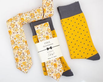 Yellow floral tie, rustic wedding yellow tie, Yellow and grey polka dot socks, mustard yellow floral tie, Marigold floral necktie