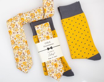 Yellow floral tie, rustic wedding yellow tie, Yellow and grey polka dot socks, mustard yellow floral tie, Marigold floral necktie