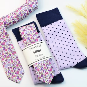 Lavender and purple floral tie, Lavender and navy socks, Custom socks labels, Lilac floral tie, lavender socks, Purple floral necktie