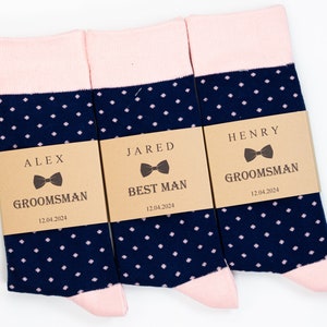 Navy, Blush polka dot Socks, groomsmen navy socks, Navy wedding socks, Groomsmen proposal socks, personalized socks labels. navy dress socks