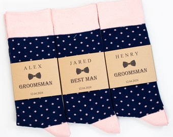 Navy, Blush polka dot Socks, groomsmen navy socks, Navy wedding socks, Groomsmen proposal socks, personalized socks labels. navy dress socks