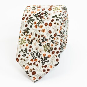 Cream, rust orange and sage green floral tie, Cream with burnt orange polka dot socks, Groomsmen cream socks, Groomsmen terracotta tie image 2