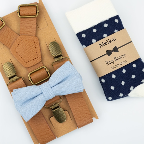 kids brown leather suspenders, ice blue and white stripes bow tie,navy & ivory polka dot socks, kids ice blue bow tie, kids navy dress socks