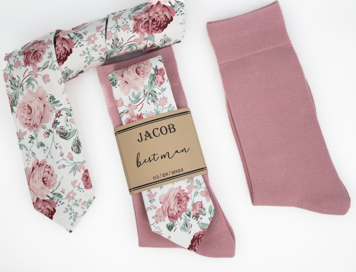 Groomsmen socks and ties Dusty rose and sage floral tie and image 1