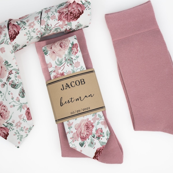 Groomsmen socks and ties, Dusty rose and sage floral tie and Dusty rose solid color socks. Dusty rose wedding tie and socks