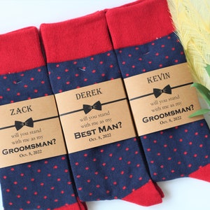 Groomsmen socks, Navy and red groomsmen socks, Socks Labels,  Personalized Groomsmen socks,Custom socks labels, Red men dress socks