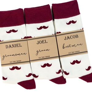 White/ Ivory and burgundy mustache socks, Groomsmen burgundy socks, Wine color socks, Maroon wedding socks, Socks for Groom, Deep red socks