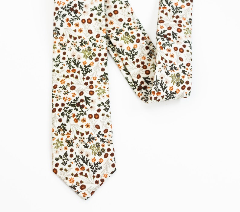 Cream, rust orange and sage green floral tie, Cream with burnt orange polka dot socks, Groomsmen cream socks, Groomsmen terracotta tie image 4