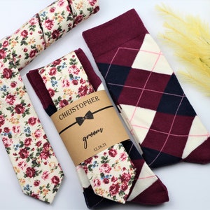 Cream floral tie with burgundy and sage print, Groomsmen burgundy socks, Cream floral tie, Cream wedding necktie, Maroon/ wine cream tie