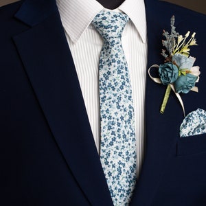 Dusty Blue floral tie, shades of blue tie, Groomsmen tie, Dusty blue wedding theme, Azazie dusty blue & sage necktie, matching pocket square image 2