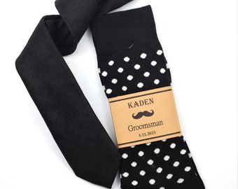 Black polka dot socks and Black Velvet tie, Groomsmen black socks and ties, wedding party black socks & ties, Black socks and tie set