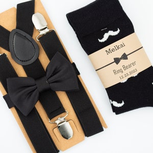 kids black suspenders, black satin silk bow tie, black and white mustache socks, Ring bearer black outfit, classic dress black bow tie