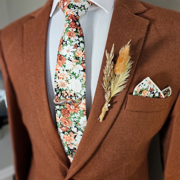 Cravate de mariage rouille, cravate florale orange brûlé et sauge, cravate florale en terre cuite, cravate marron cognac, cravate de mariage rustique, cravate couleur automne cuivre