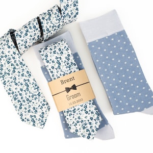 Dusty Blue floral tie, shades of blue tie, Groomsmen tie, Azazie dusty blue, Dusty blue & Grey/ silver polka dot socks, steel blue necktie