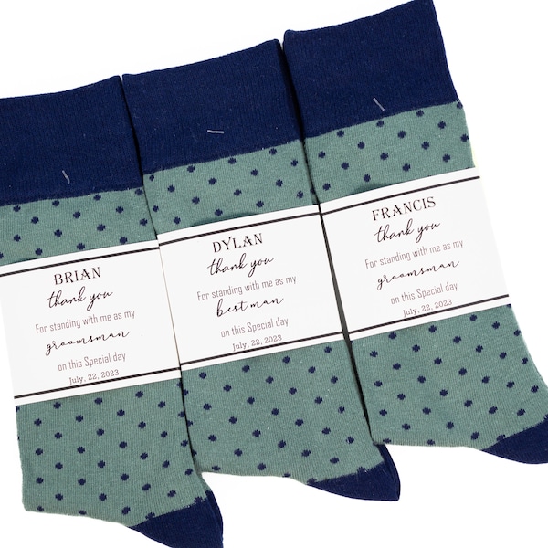 Groomsmen socks, Dark Sage green and Navy polka dot socks, Custom socks Labels, Personalized Groomsmen socks, Sage green men dress socks