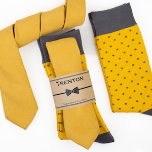 Groomsmen socks & ties,  Yellow solid color velvet tie, rustic wedding yellow tie, Yellow and grey socks, mustard yellow socks and tie