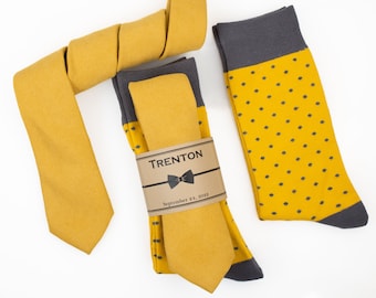 Groomsmen socks & ties,  Yellow solid color velvet tie, rustic wedding yellow tie, Yellow and grey socks, mustard yellow socks and tie