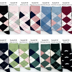 Picture 3 out of 5 socks picture, that has argyle and mustache design socks. Navy, blush, dusty rose, burgundy, black, sage, emerald colors that goes well with different wedding themes. One of the most selling socks Black with white mustache socks.