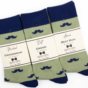 Groomsmen sage green and navy mustache socks, Wedding sage socks, Wedding socks and labels, Groomsmen proposal socks, Sage green socks