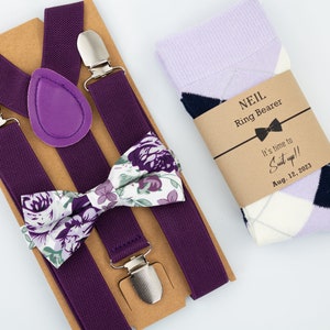Plum color kids suspenders, lavender floral bow tie, Lavender, ivory, navy argyle socks, Ring bearer outfit, Plum, purple floral bow tie