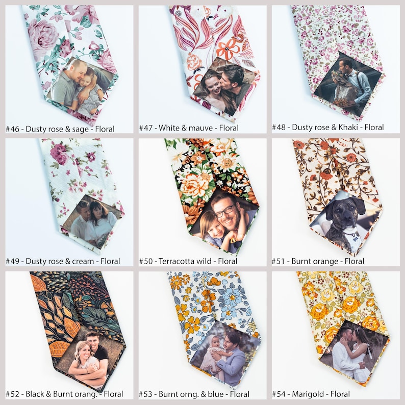 Puede incluir: Una colecci&oacute;n de corbatas con estampados florales, cada una con una foto personalizada. Las corbatas muestran varios esquemas de color, incluyendo rosa empolvado, salvia, blanco, malva, caqui, crema, terracota, naranja quemado, negro, azul y cal&eacute;ndula. Cada corbata tiene un dise&ntilde;o floral &uacute;nico.
