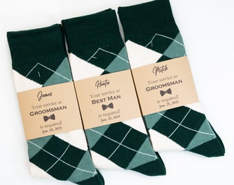 Groomsmen emerald Green socks, Hunter green socks, Dark Green groomsmen socks, custom labels, Forest Green, sage and ivory argyle socks,