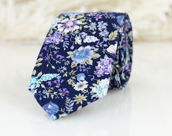 Navy floral tie with lavender, lilac and purple flowers, lavender floral wedding tie, Men floral necktie, Navy and purple floral tie