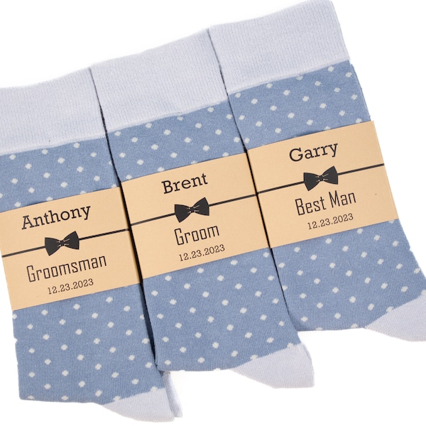 Azazie dusty blue Groomsmen socks, Dusty blue polka dot socks, Personalized Groomsmen socks, Custom labels, Dusty blue and light grey socks