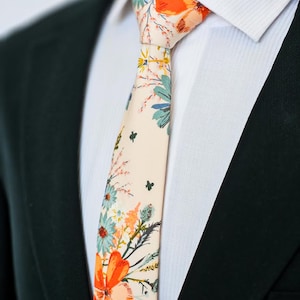 Cream floral tie, Coral cream floral tie, Emerald floral tie, Forest green tie, Rustic wedding floral tie, , Wild floral green tie