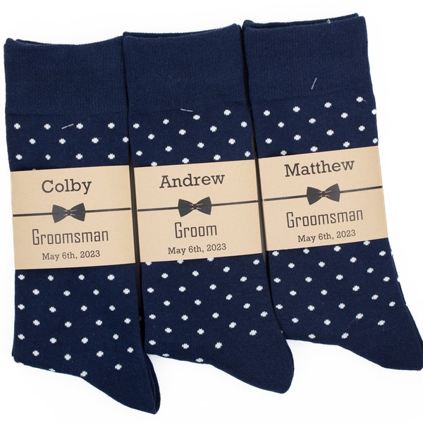 Navy polka dot socks, Personalized Groomsmen proposal socks, Socks Labels, Men socks, Groomsmen gift socks, Navy/ white polka dot socks