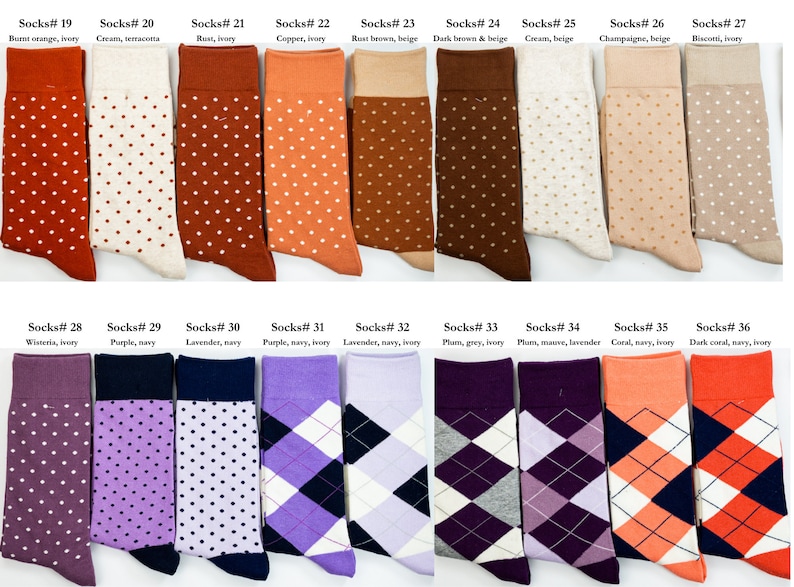 Picture # 2 out 5, has 18 more pairs of socks in deferent colors and designs. Colors are perfect match for fall and spring weddings. Main colors are rust orange, brown, champaigne, cream, beige, copper, shades of purple and lavender.